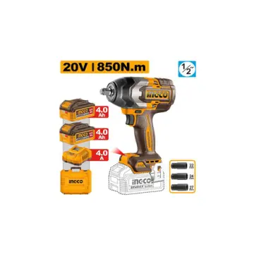 Llave de impacto 850n BL 20V con 2 baterias 4a mas cargador en caja plastica