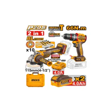 Kit 2-1 taladro 66n 20V BL y amoladora 20V BL 1200w 3000/6000/9000rpm gatillo arriba con 2 baterias de 4a y cargador en maletin plastico