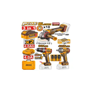 Kit 3-1 amoladora - taladro 66n-llave de impacto de 405n con 2baterias 4a