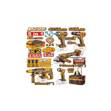 Kit 5-1 amoladora - taladro 66n- rotomartillo-linterna- llave de impacto de 405n con 2baterias 4a