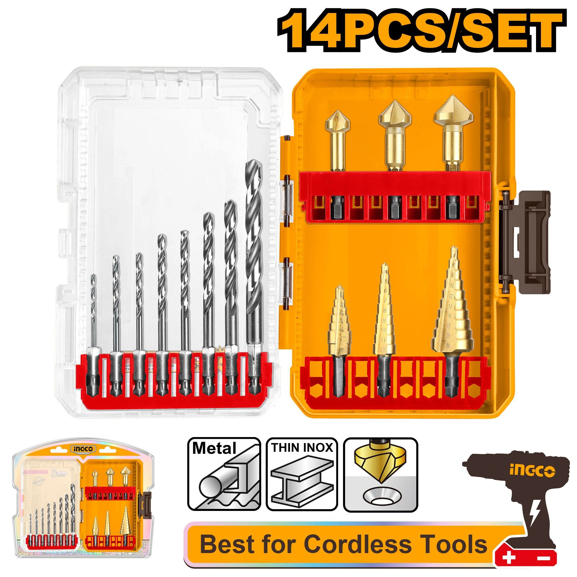 Juego de 14 piezas de 8 brocas para fierro - 3 brocas conicas-3 fresas conicas AKDL61401 herramienta disponible en RCS Santa Cruz